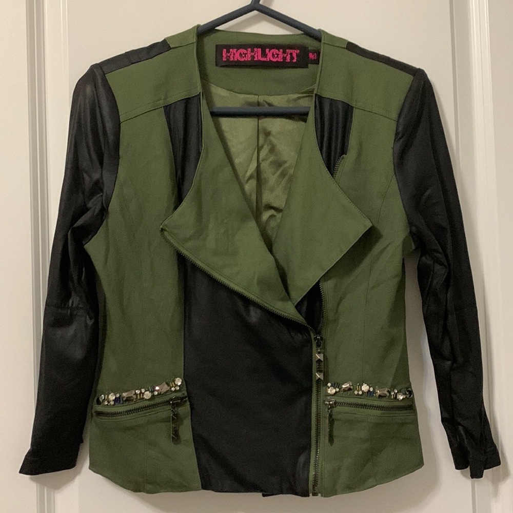 Faux Leather Jacket with Military Green Design